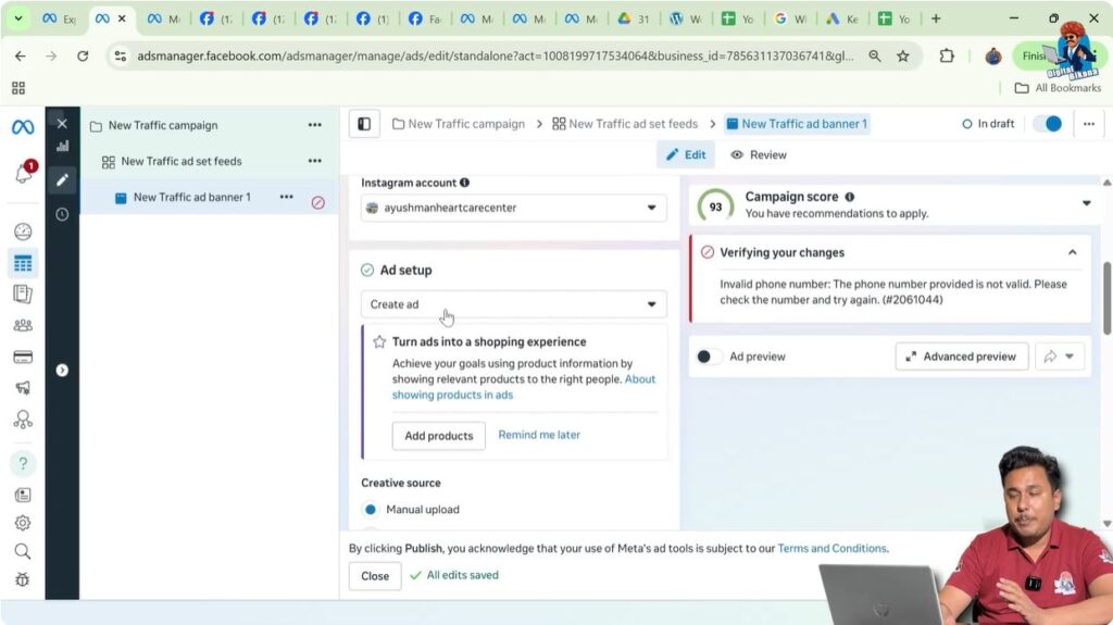 Ad setup section showing create ad and use existing post options