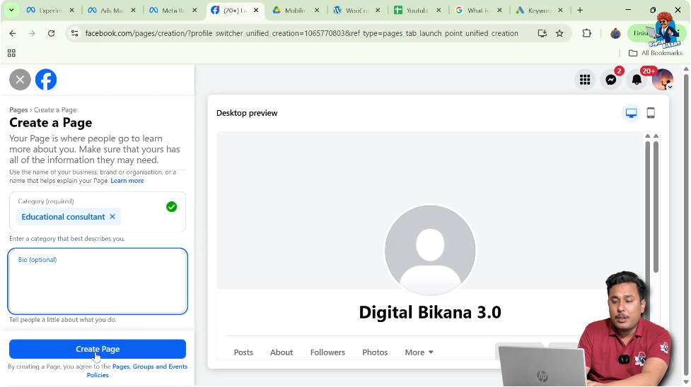 Facebook page bio section while setting up a new page