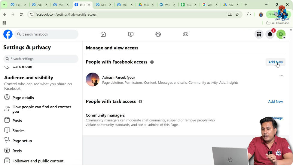 Clicking add new button to add an admin to Facebook page