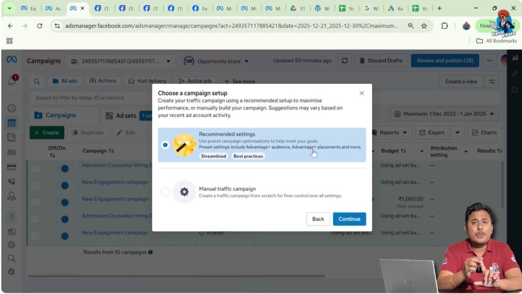 Advantage Plus campaign recommended settings selected in Meta Ads