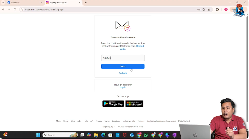 Instagram account successfully created after entering verification code