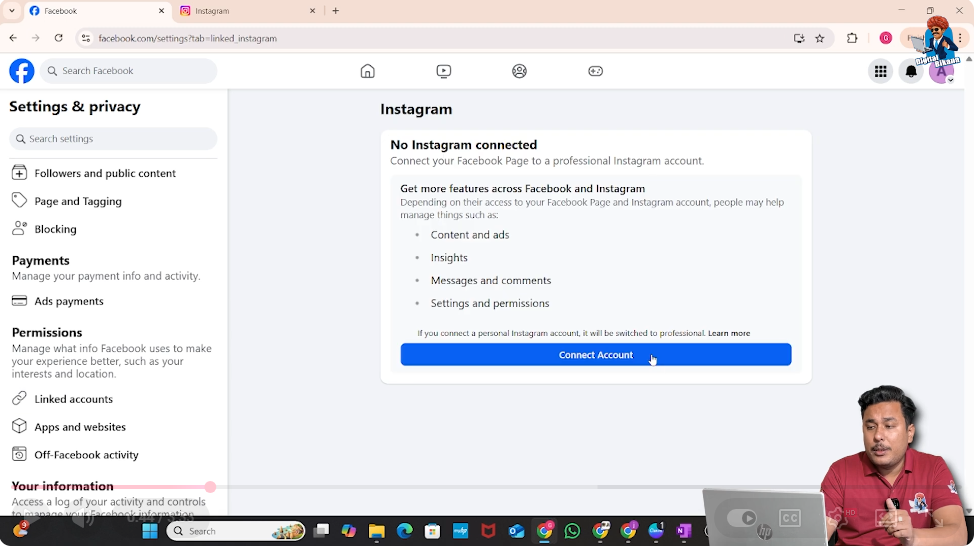 Connecting Instagram account with Facebook page step by step