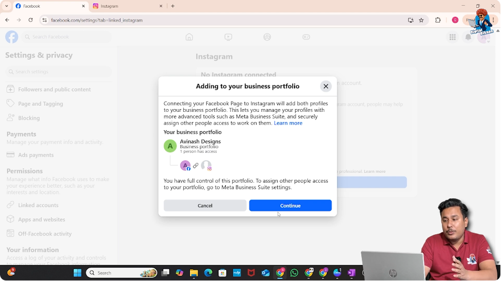 Creating business portfolio while connecting Facebook page and Instagram