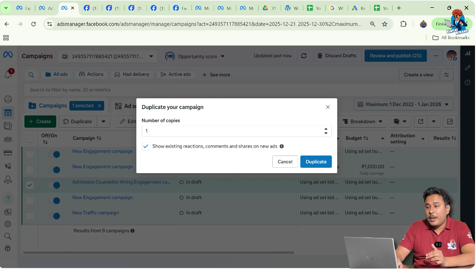 Duplicate campaign popup window in Meta Ads Manager