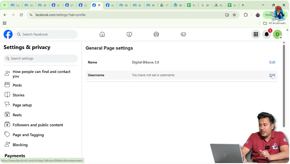 Editing Facebook Page username to update page URL