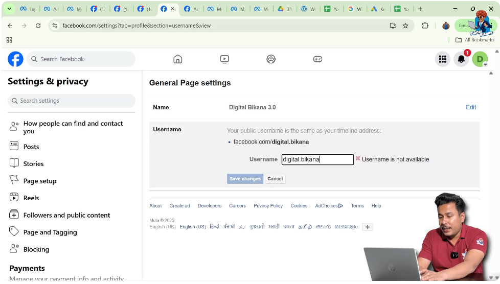 Editing Facebook Page username to update page URL