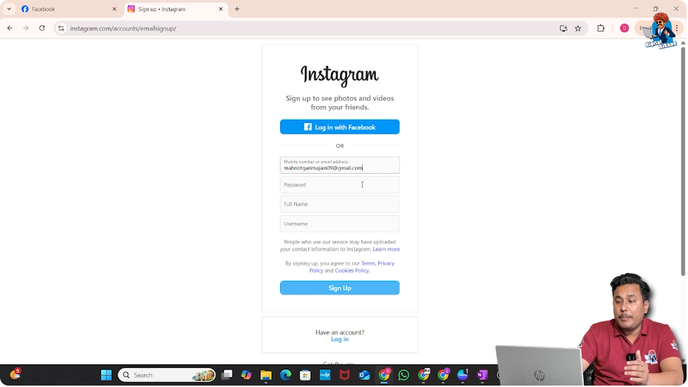 Instagram sign up screen asking for email address or mobile number