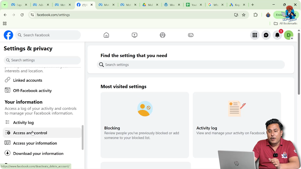 Facebook page settings screen highlighting the Access and Control option in the left menu.
