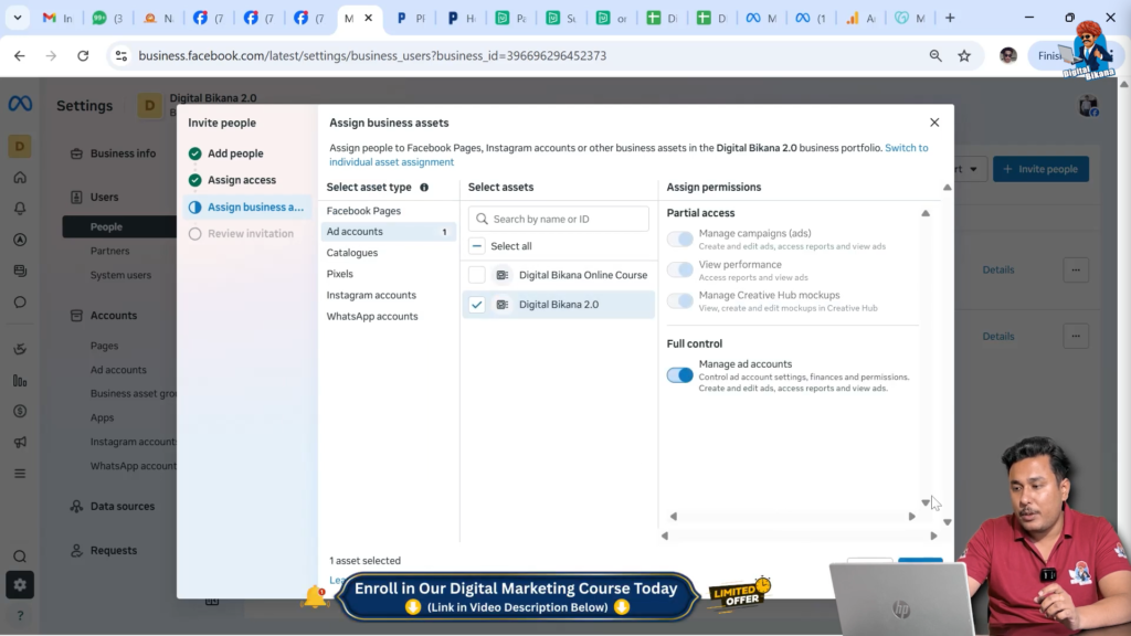 Granting full control Facebook ad account access to invited user
