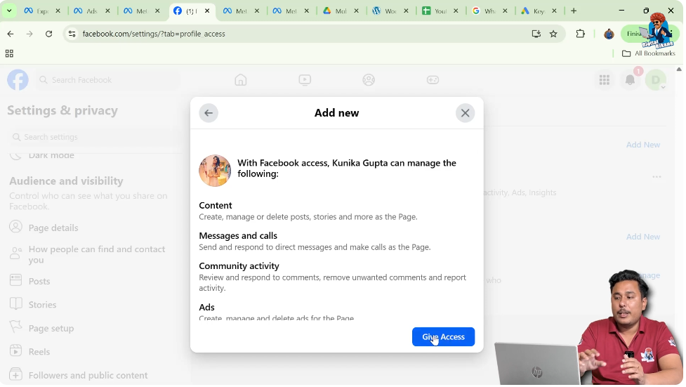 Giving admin access permission to a selected person on Facebook page