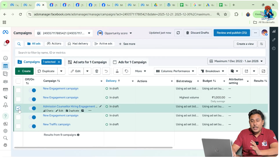Selecting checkbox in front of ad campaign to duplicate