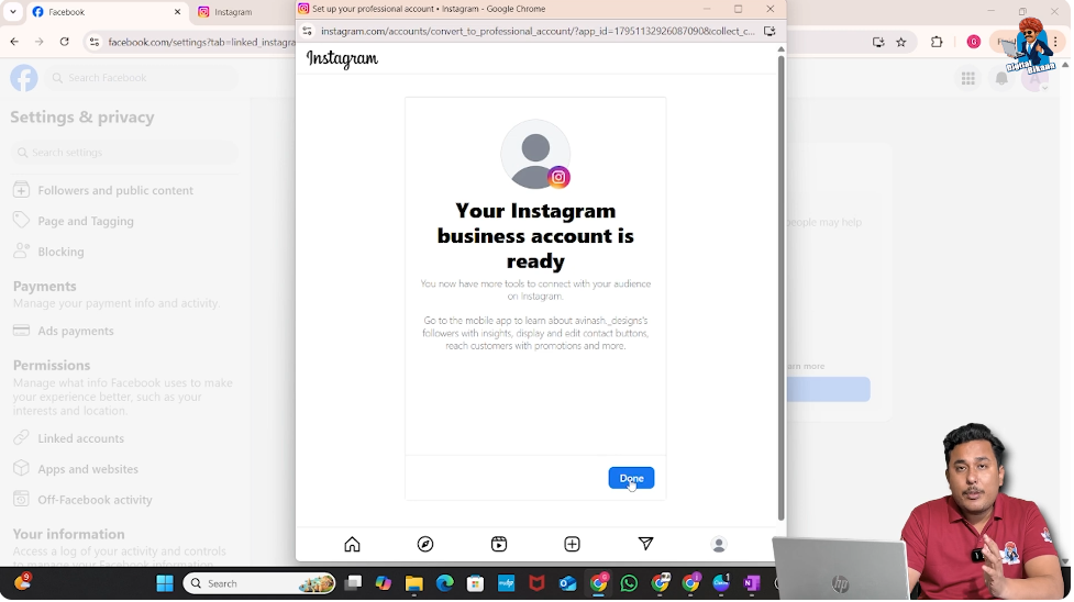 Confirmation screen showing Instagram business account ready