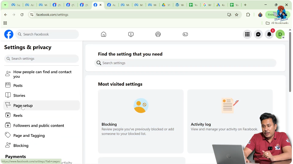 Page Setup option inside Facebook Page settings