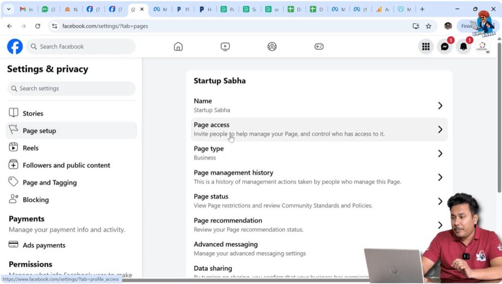 Page Access section showing people with Facebook Page roles