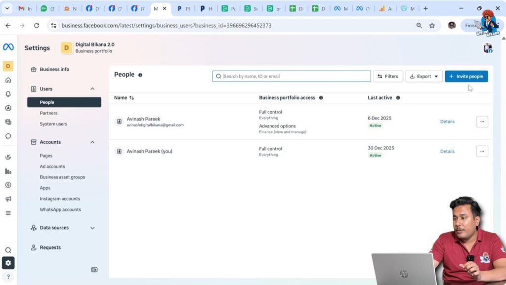People section in Meta Business Suite showing user access options