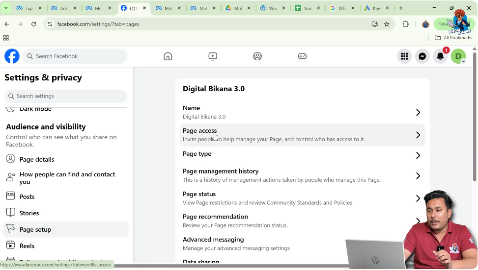 Opening Page Access option inside Facebook page setup settings
