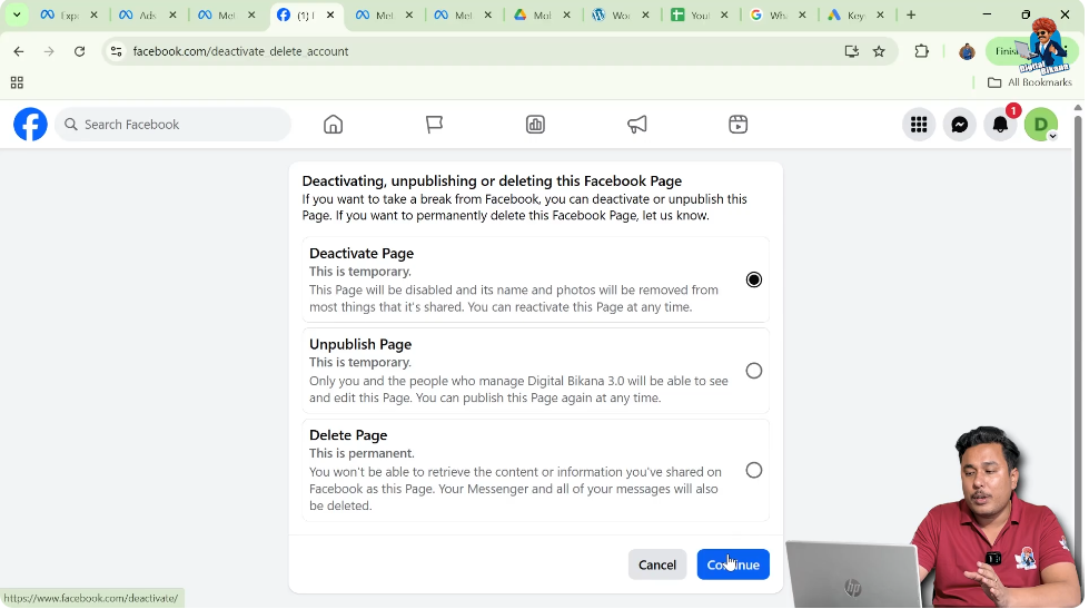 Facebook confirmation screen prompting the user to continue page deactivation.