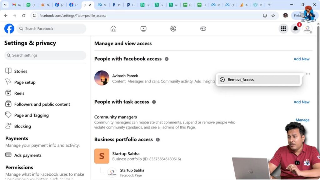 Selecting remove access option for Facebook Page admin