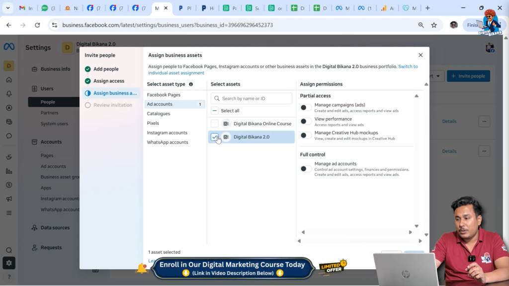 Selecting Facebook ad account as business asset for user access