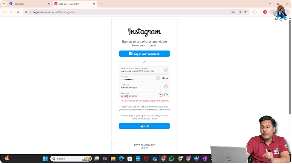 Instagram username selection screen showing username availability check