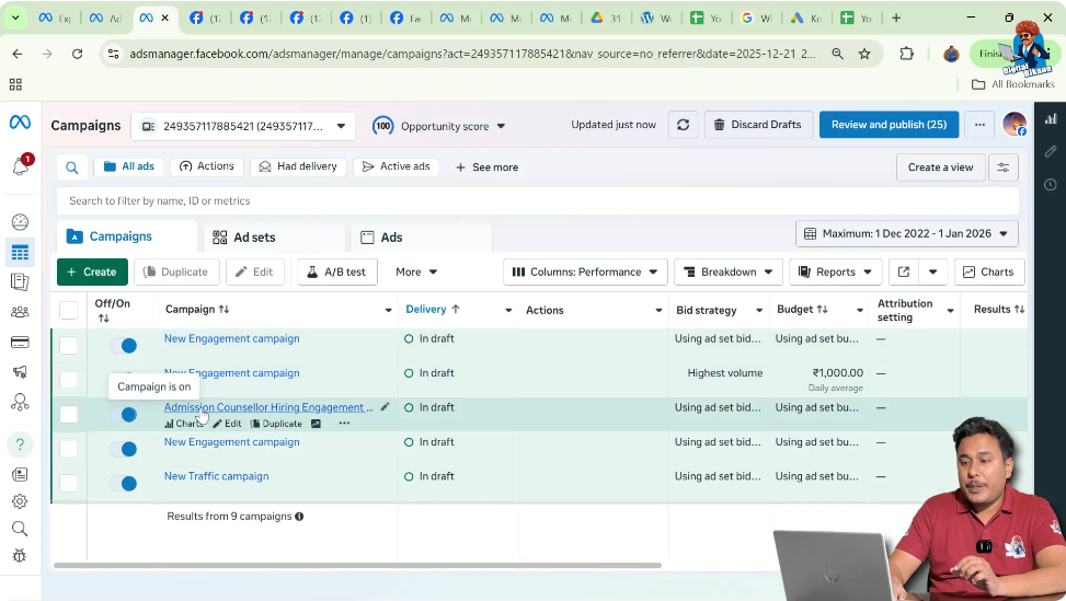 Ad campaign list visible in Meta Ads Manager