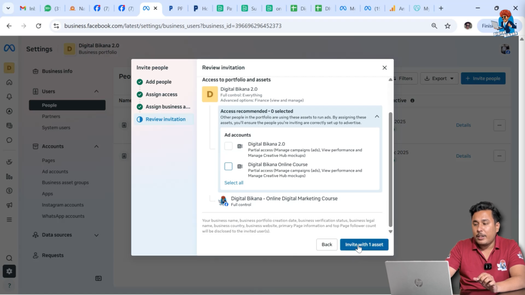 Sending Facebook Page access invitation with one asset