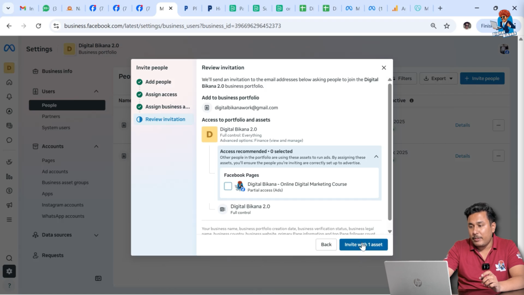 Sending Facebook ad account access invitation with one asset