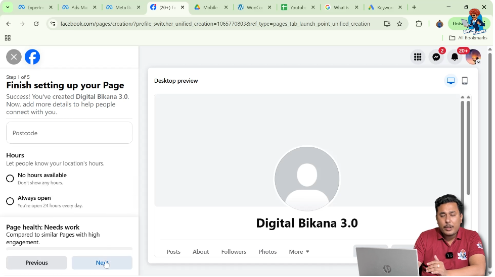 Facebook page setup screen showing option to skip contact details