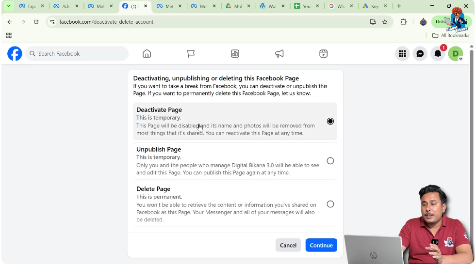 Facebook page Access and Control section showing the temporary deactivation option.