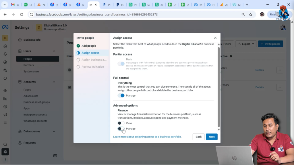 Selecting advanced options and manage access in Meta Business Suite