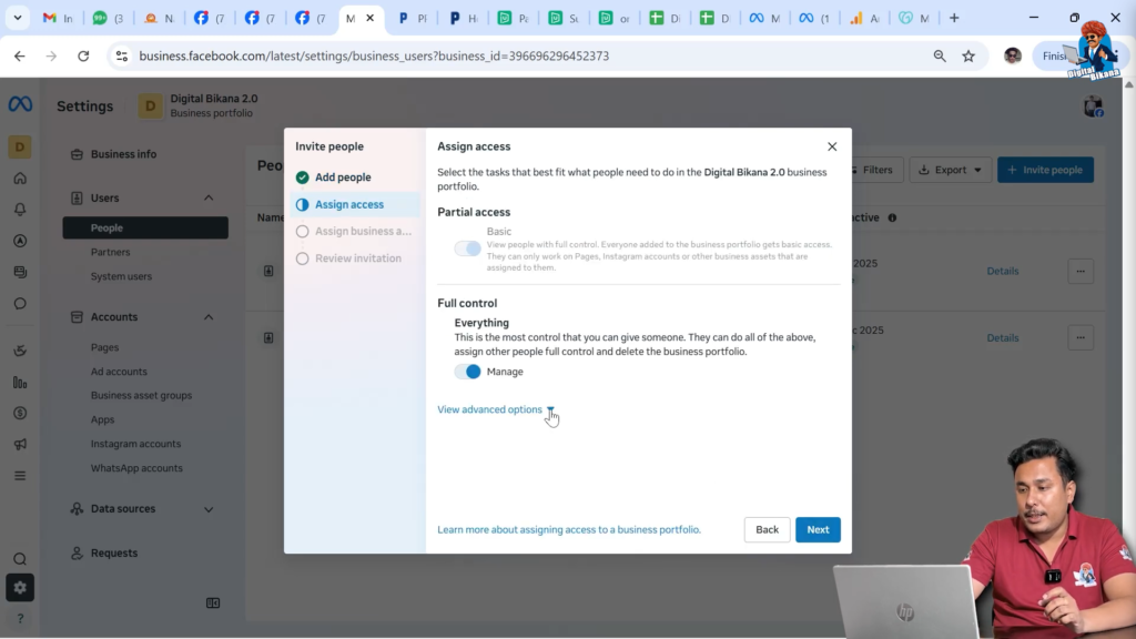 Selecting advanced options and manage access