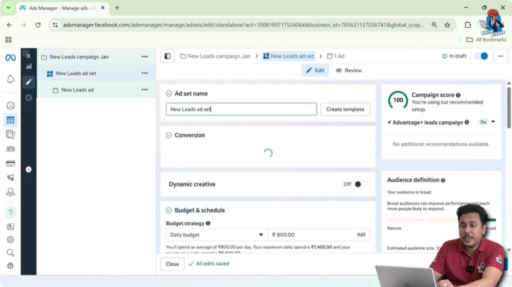 Choosing instant form as conversion location while setting up ad set in Facebook Ads Manager