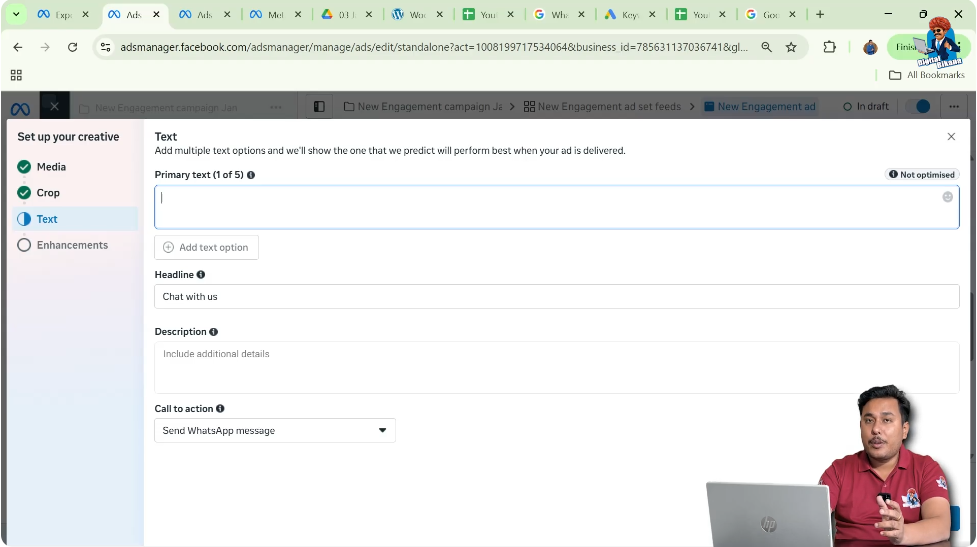 Adding primary text headline and CTA for WhatsApp message ad