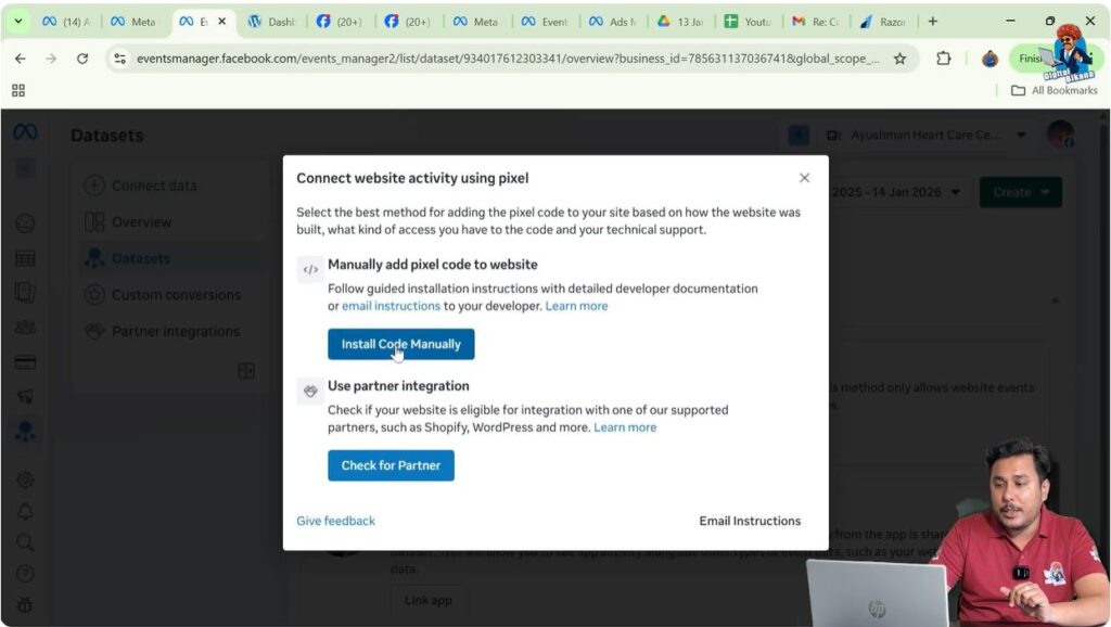 Manual installation option selected for Meta Pixel code setup