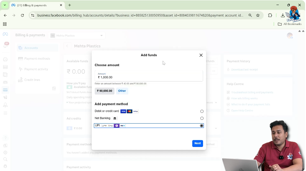 Select payment method and enter amount while adding funds to Facebook ad account