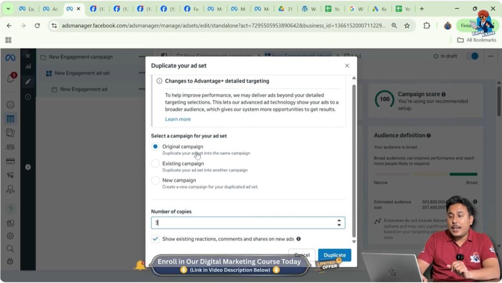 Selecting original campaign while duplicating ad set in Meta Ads Manager