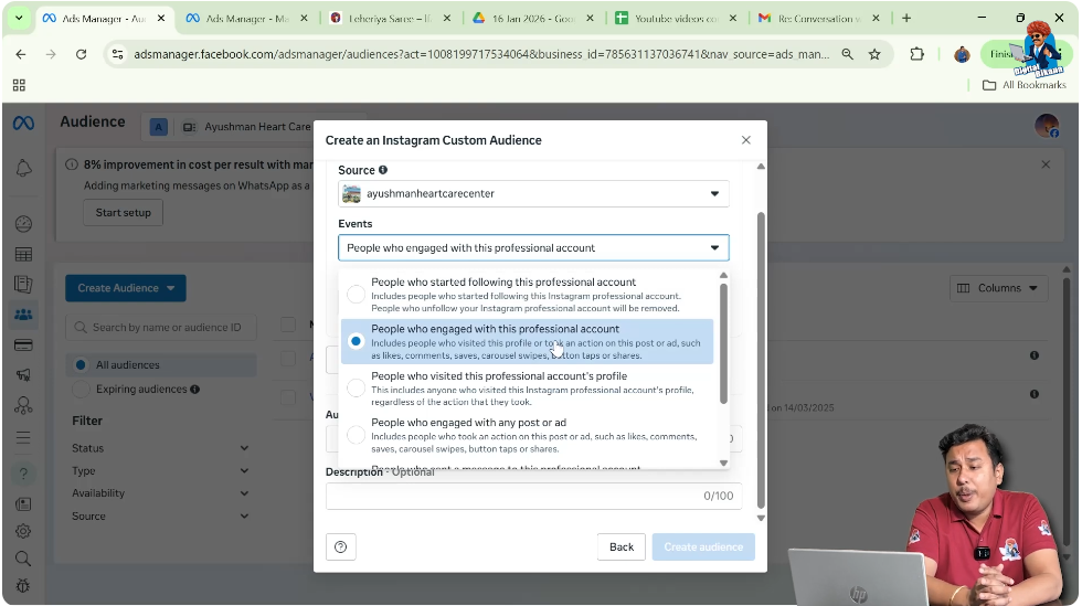 Selecting people who engaged with this professional account option in Instagram custom audience