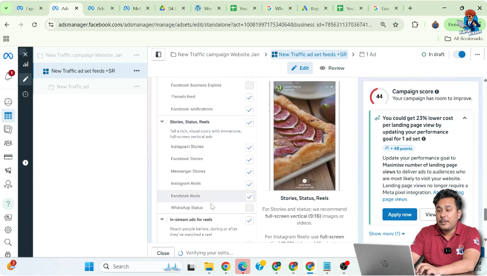 Choosing feed story and reel placements for traffic ads