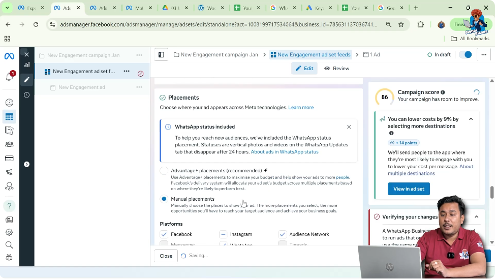 Selecting manual placements for square banner message ads