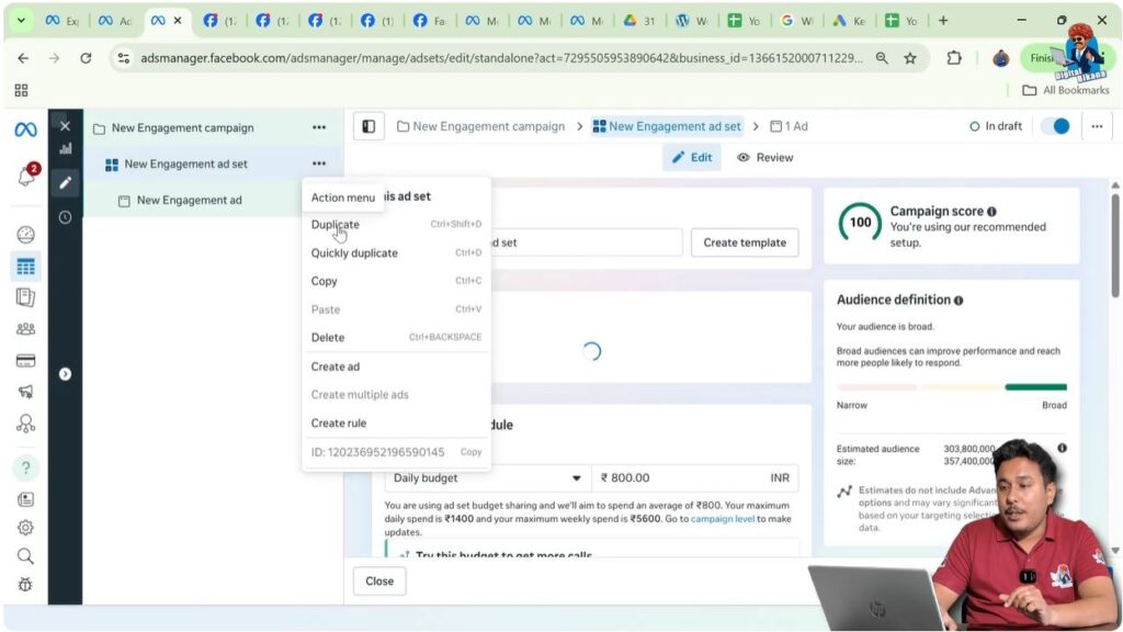 Duplicate option selected for ad set in Meta Ads Manager