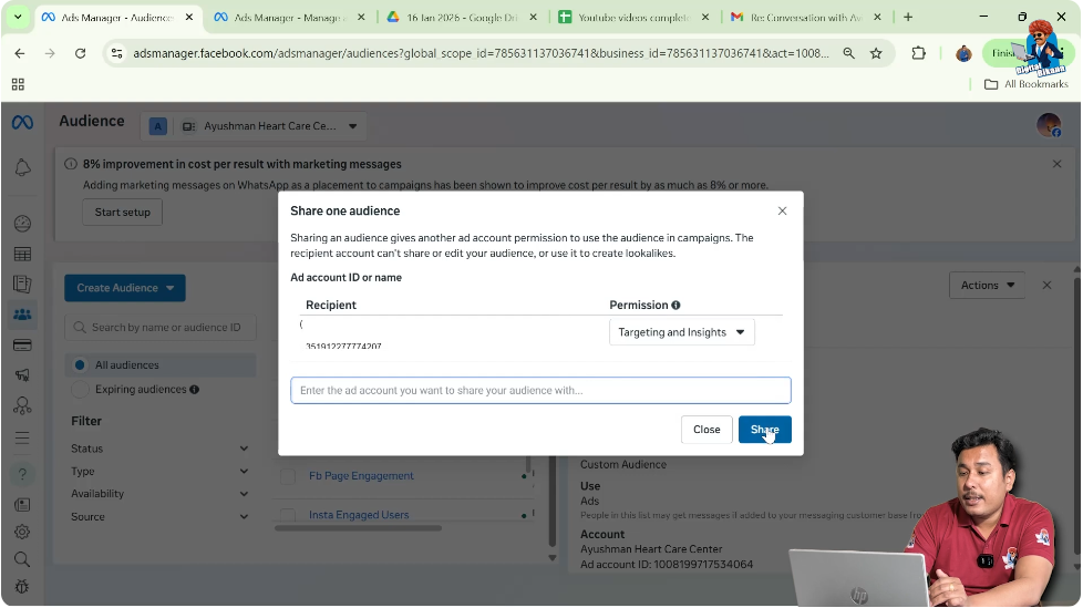 Confirming share button to transfer custom audience to another ad account