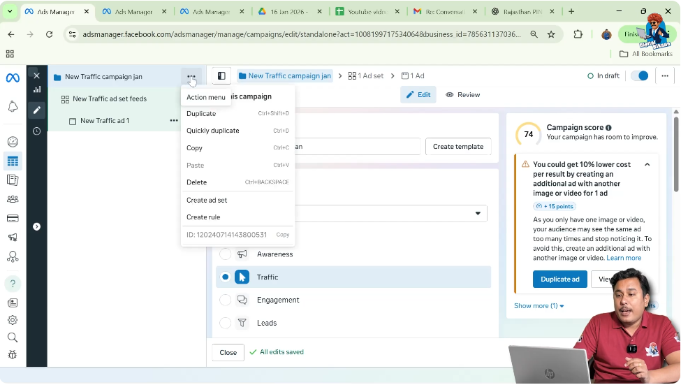 Clicking three dot menu at campaign level to access create ad set option