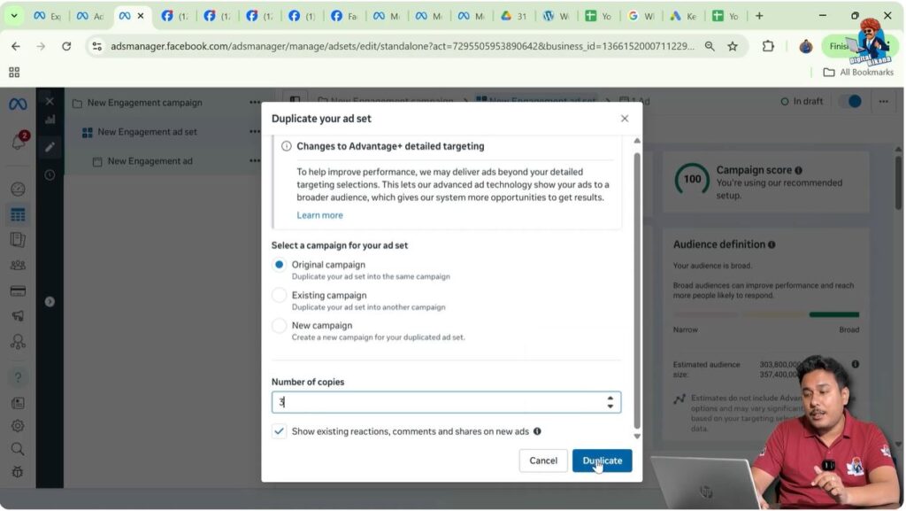 Confirming ad set duplication in Meta Ads Manager