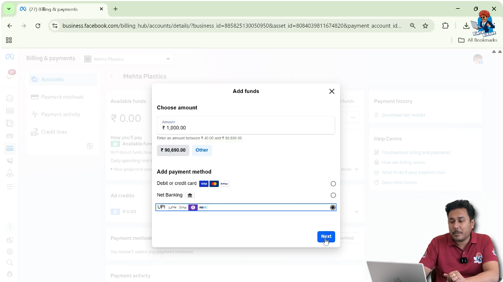 Complete payment using UPI, net banking, debit card, or credit card in Facebook Ads Manager