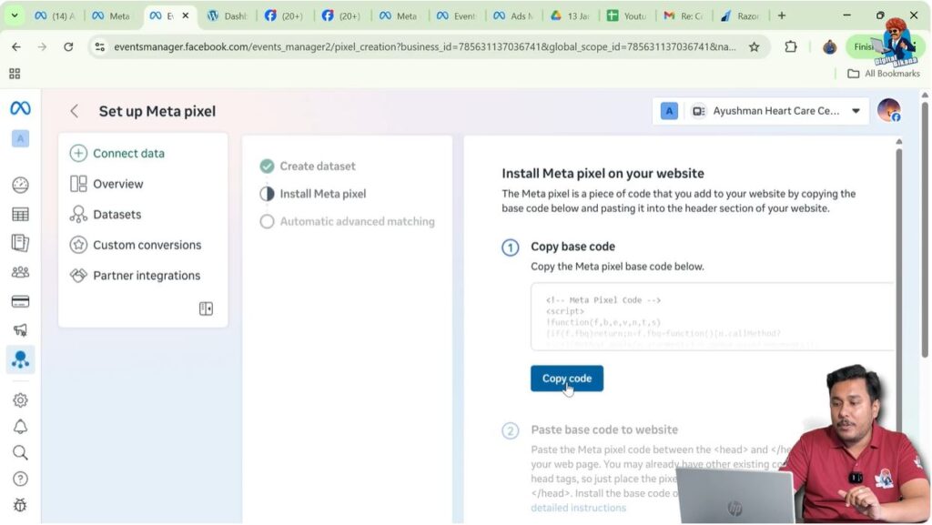 Copying Meta Pixel code from Events Manager manual setup screen