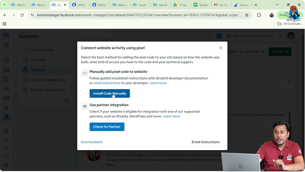 Copy Meta Pixel code manually from overview section if popup does not appear
