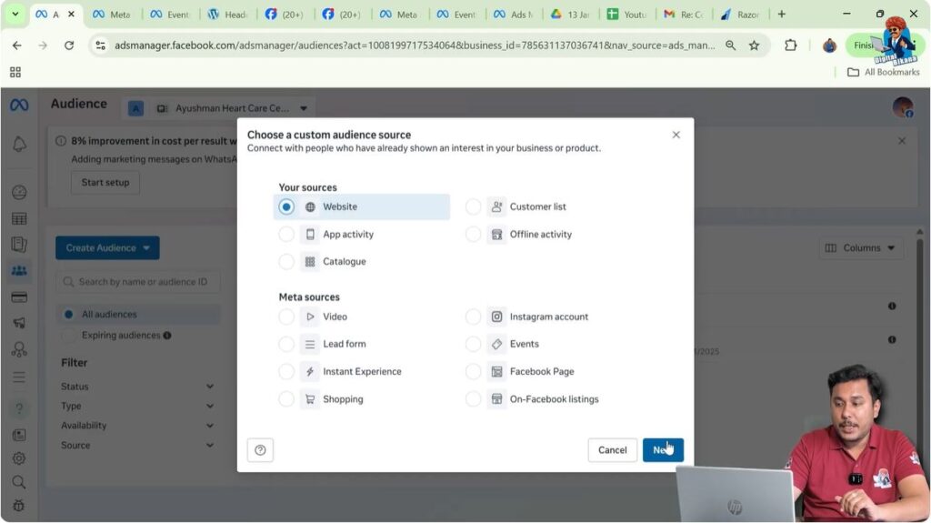 Creating custom audience using website source in Meta Ads Manager
