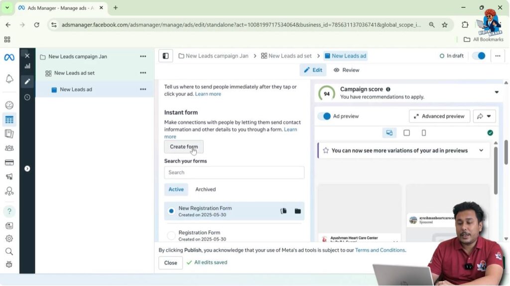 Creating a new instant lead form inside Facebook Ads Manager for lead ads