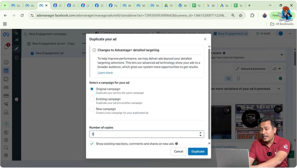 Creating multiple ad sets using duplication option in Meta Ads Manager