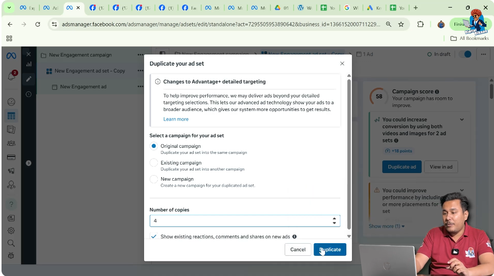 Creating multiple ad sets using duplication option in Meta Ads